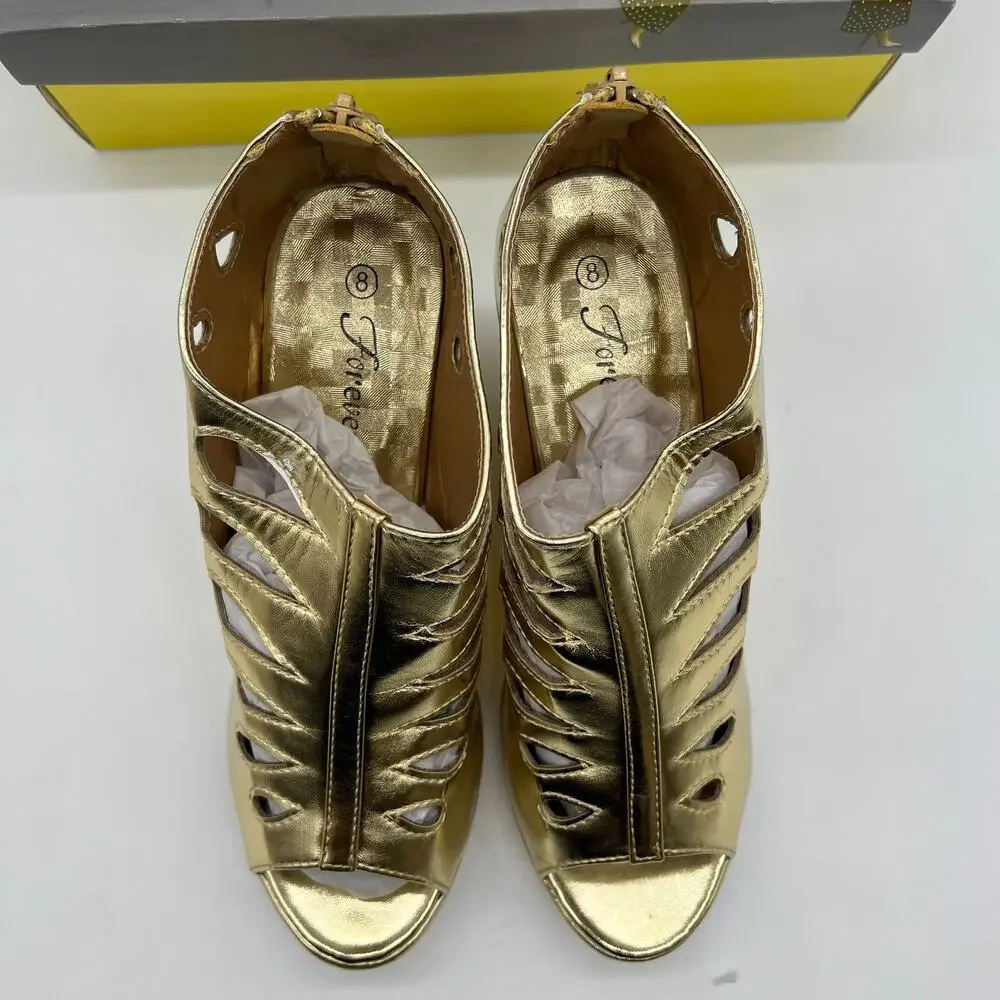 Forever Gold Wedge Sandals Women's Size 8 Shoes Back Zipper